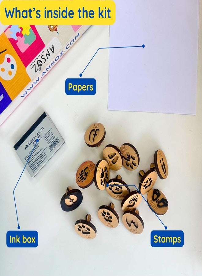 Ansoz Wooden Animal Foot Print Stamp with Ink Box, Educational Learning Kit - Image 3